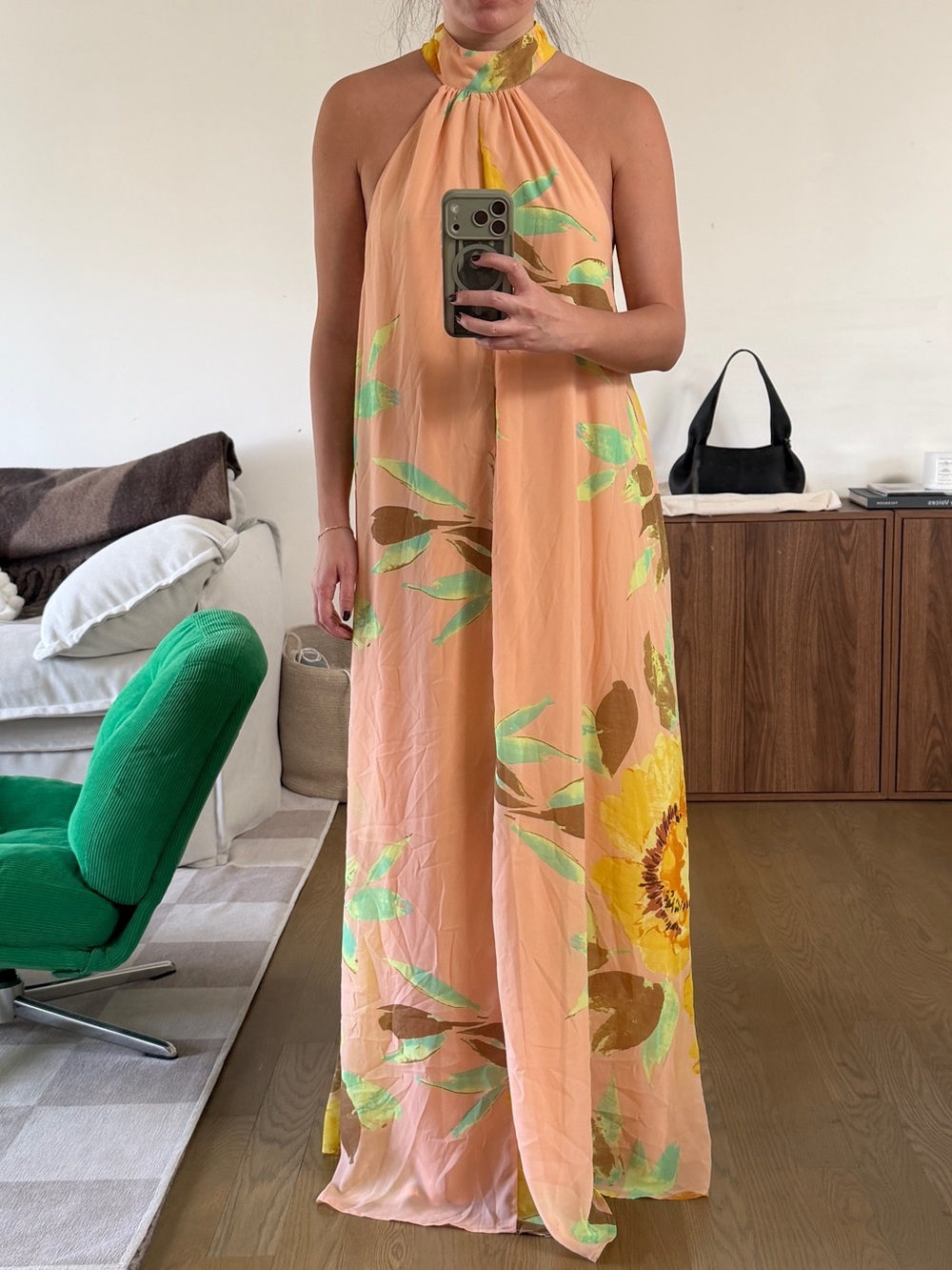 ASOS Peach Halter Maxi Dress with Yellow Floral Print